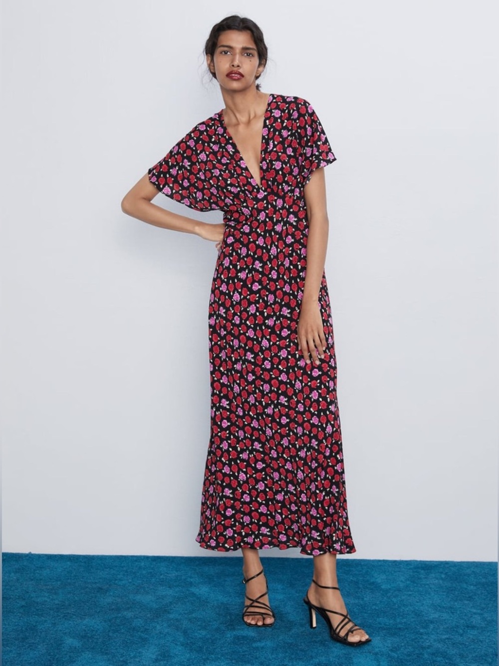 Zara Floral Print Short Sleeve Maxi Dress Black Pink Size L